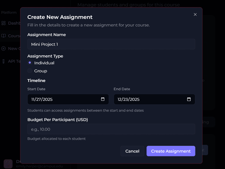 Dashboard UI - Create Course